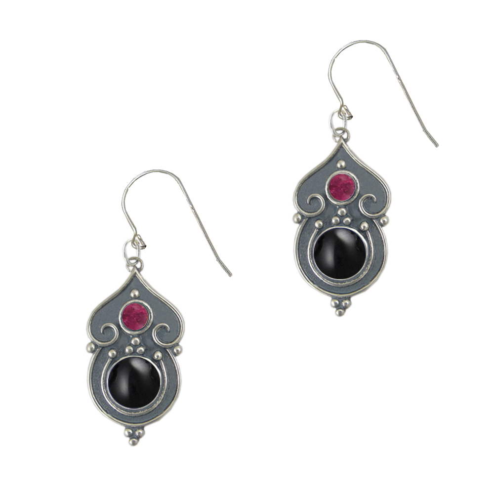 Sterling Silver Gothic Inspired Drop Dangle Earrings With Black Onyx And Pink Tourmaline